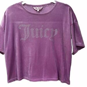 Y2K Juicy Couture Cropped Rhinestone Velour Top Women's Large Purple Silver